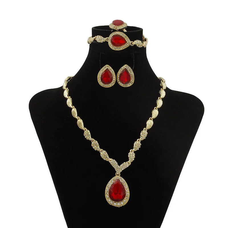 

YIWU CZ Fashion Gold Jewelry Sets Dubai African Bride Wedding Red Crystal Necklace Earrings Ring Bracelet Jewelry Accessories