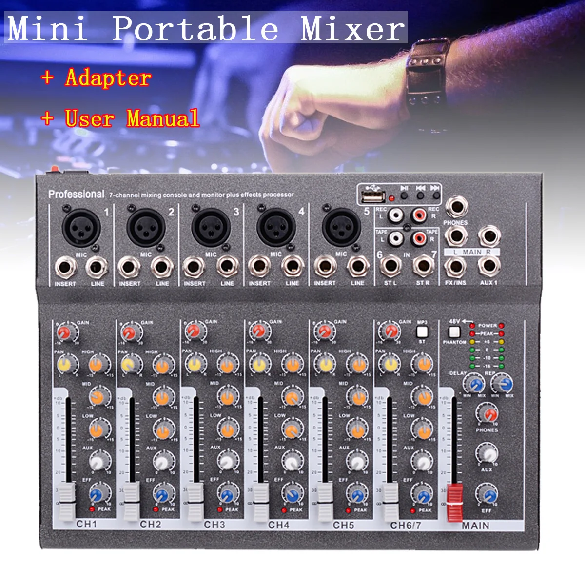 

LEORY 7 Channel Karaoke Mixer Professional Studio Audio DJ Mixing Console Amplifier Digital Microphone Sound Mixer Sound Card