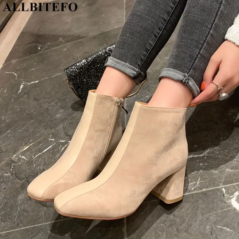 

ALLBITEFO square toe flock thick heel ankle boots for women high quality women martin boots women high heel shoes girls shoes