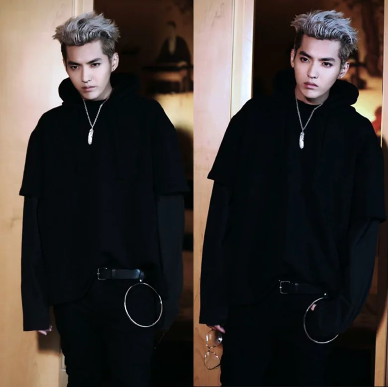 Kpop EXO KRIS Same paragraph поддельные двухсекционные толстовки с капюшоном осенние популярные новые мужские женские черные свободные толстовки