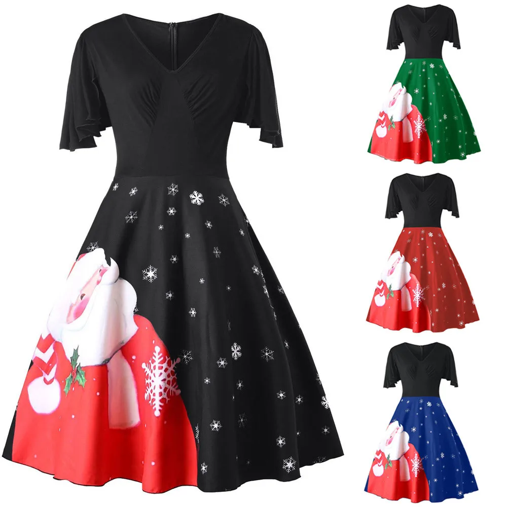 SAGACE Fashion Women Plus Size Christmas Santa Claus V-Neck Party Vintage Swing Dress summer Ruffles Polyester Dress hot July 16