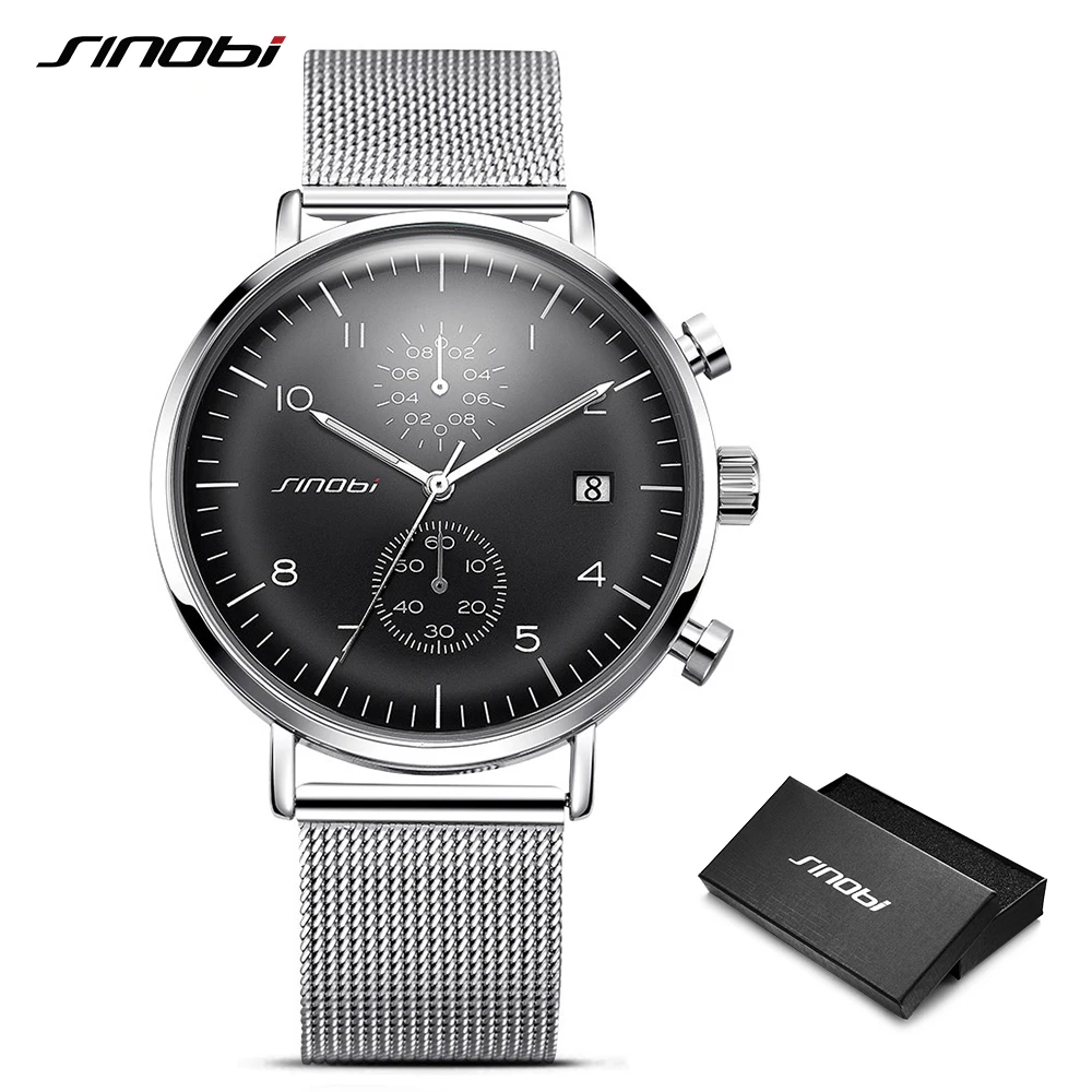 

2019 SINOBI New Men Gifts Mesh Strap Quartz Wristwatch Luminous Waterproof Relogio Masculino Fashion Brand Chronograph Watches