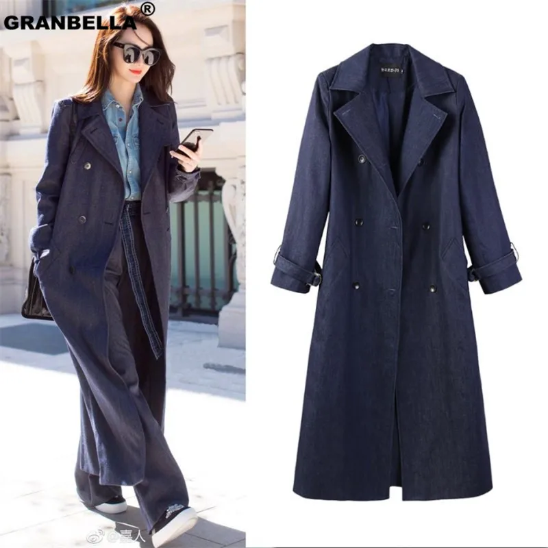 

Runway style women's x-long denim trench coat streetwear casual loose spring fall outwear cowboy windbreaker