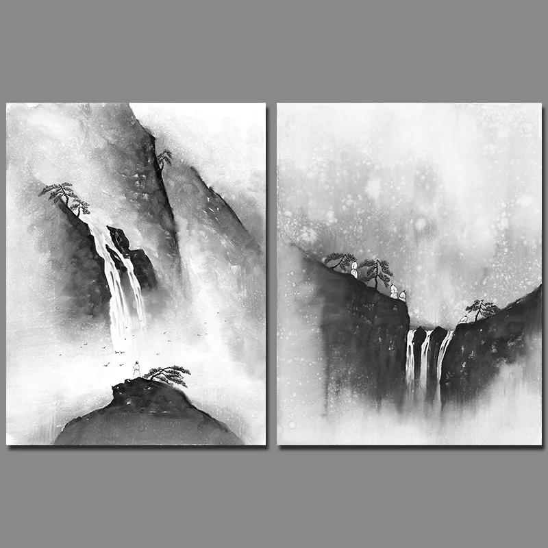 Retro landscape Chinese style decoration black ink waterfall wall art
