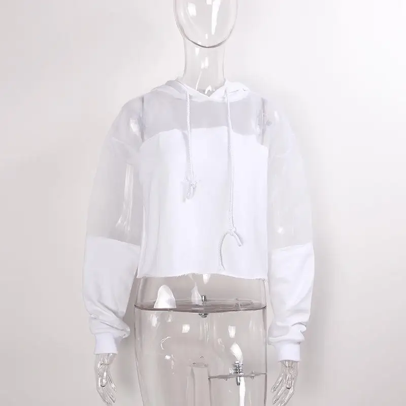 2018 Women Autumn Winter Sexy Perspective Mesh Stitching Short Paragraph Umbilical Hooded Sweatershirt Hoodies | Женская одежда
