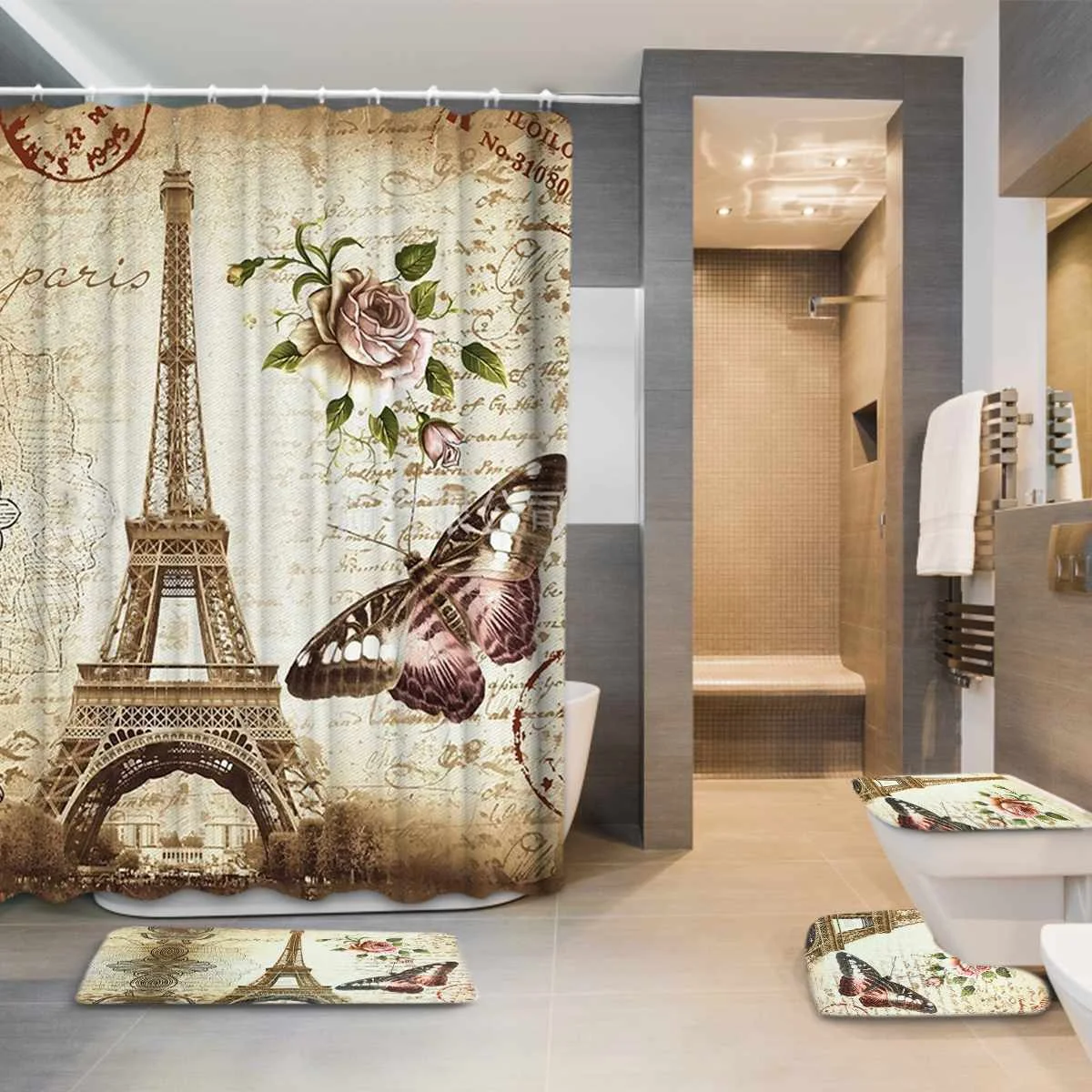 

Eiffel Tower Paris Landscape Print Bathroom Shower Curtain Set Waterproof Anti Slip Pedestal Rug Lid Toilet Cover Bath Mat Set