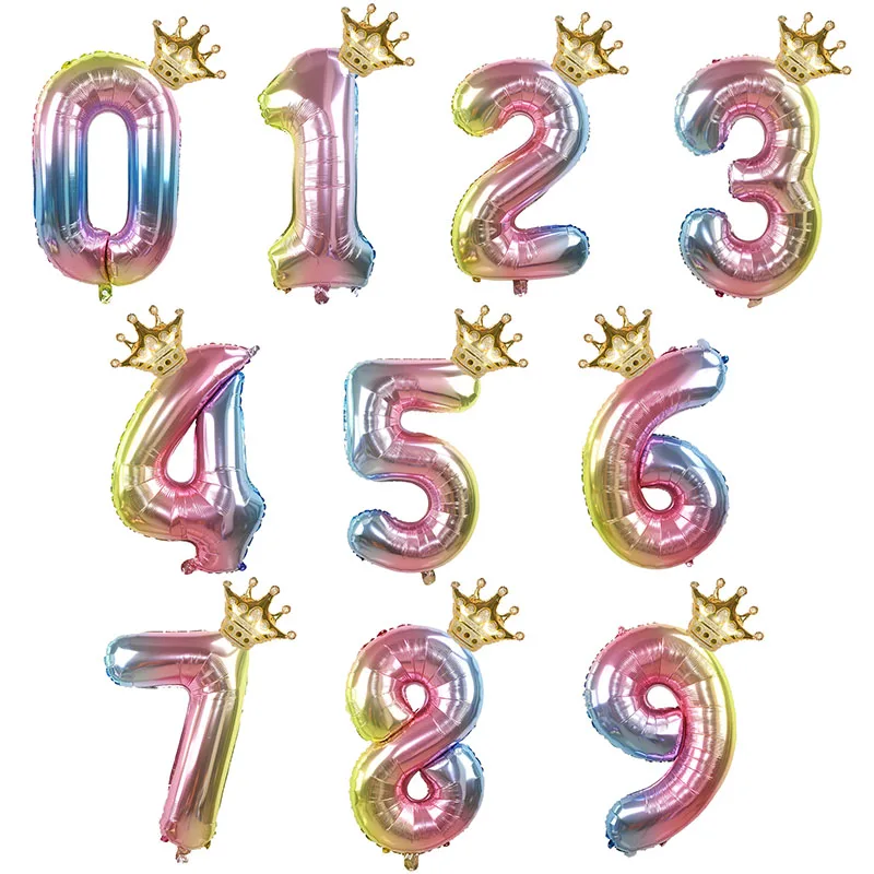 

2pcs Number Balloon Set 32inch Gradient Color 0-9 Digit Foil Balloon with Mini Crown for Happy Birthday Party Wedding Decoration
