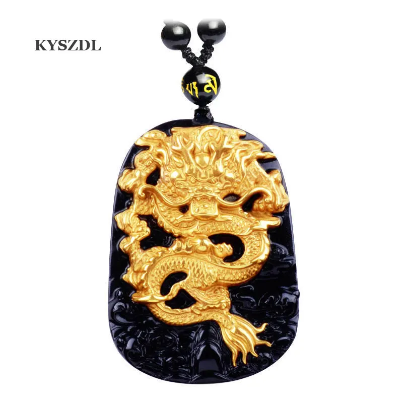 

KYSZDL pure Gold color Natural Black Obsidian Carving Dragon Lucky Amulet Pendant For Women Men pendants fashion Jewelry