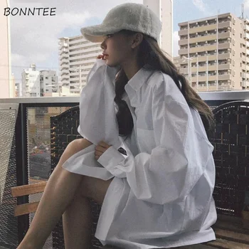 

Shirts Women 2020 Solid Simple All-match Oversize Single Breasted Loose BF Korean Style Shirt Womens Trendy Elegant Blouses Chic