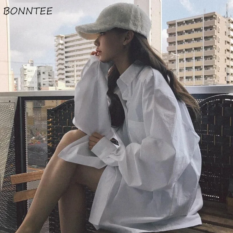 Shirts Women 2020 Solid Simple All-match Oversize Single Breasted Loose BF Korean Style Shirt Womens Trendy Elegant Blouses Chic Shirts Women 2020 Solid Simple All-match Oversize Single Breasted Loose BF Korean Style Shirt Womens Trendy Elegant Blouses Chic