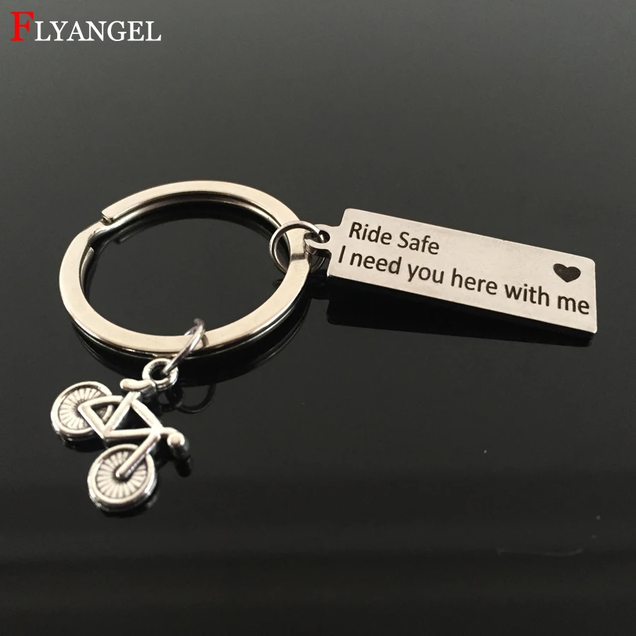 

2018 New Fashion Couples Jewelry Engrave Ride Safe Bicycle Pendant Traveling Keychain For Women Men Stainless Bike Keyring Gift