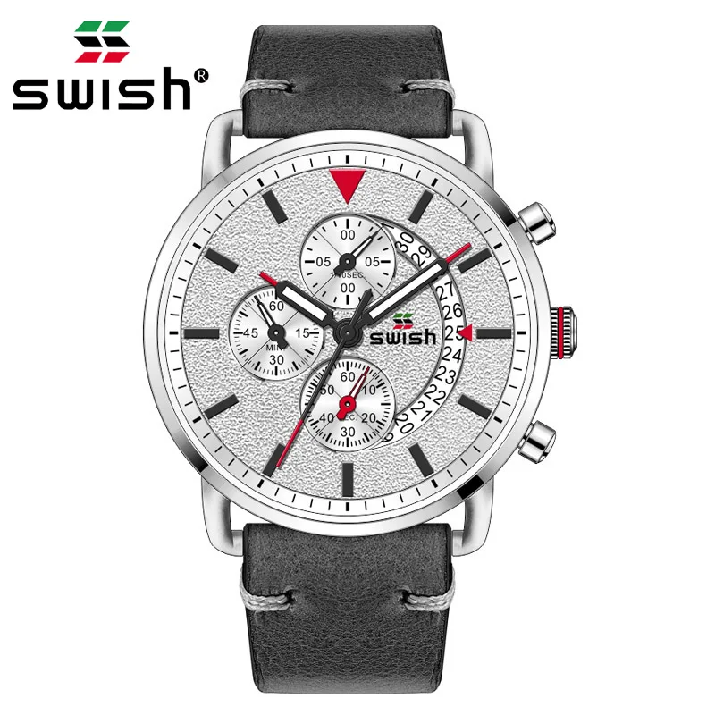 

SWISH Mens Watches Top Luxury Quartz Wrist Watch Men Sport Waterproof Chronograph Men Casual Leather Business Clock