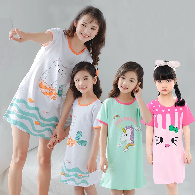

Summer Cotton Pajamas For Girls Mother Kids Unciorn Nightgowns Women Sleepwear Girl Sleeping Dress Causal Nightwear Nightshirt