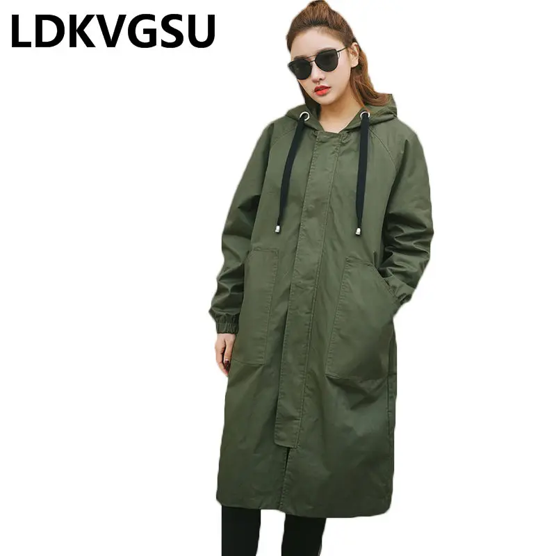 

2018 Autumn New Women Long Style Trench Coat Thin Solid Outwear Casual Hooded Loose Long Sleeve Coat Female Trench Is1130