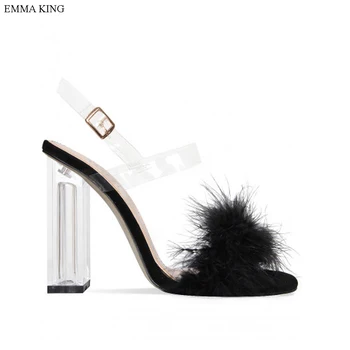 

EMMA KING 2018 PVC Jelly Sandals Crystal Open Toed High Heels Women Transparent Square Heels Fur Decoration Party Buckle Strap