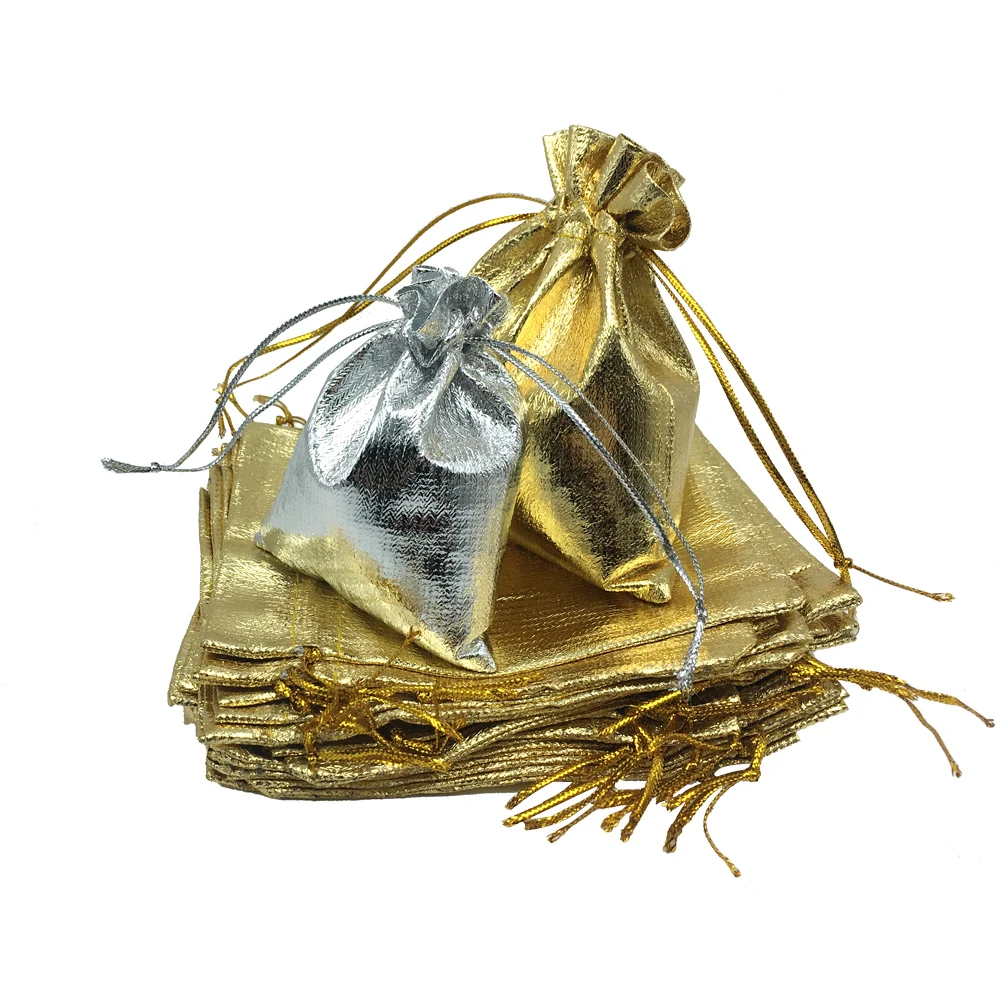100 pcs Silver Gold Color Gift Bags Metallic Foil Drawstring Pouches