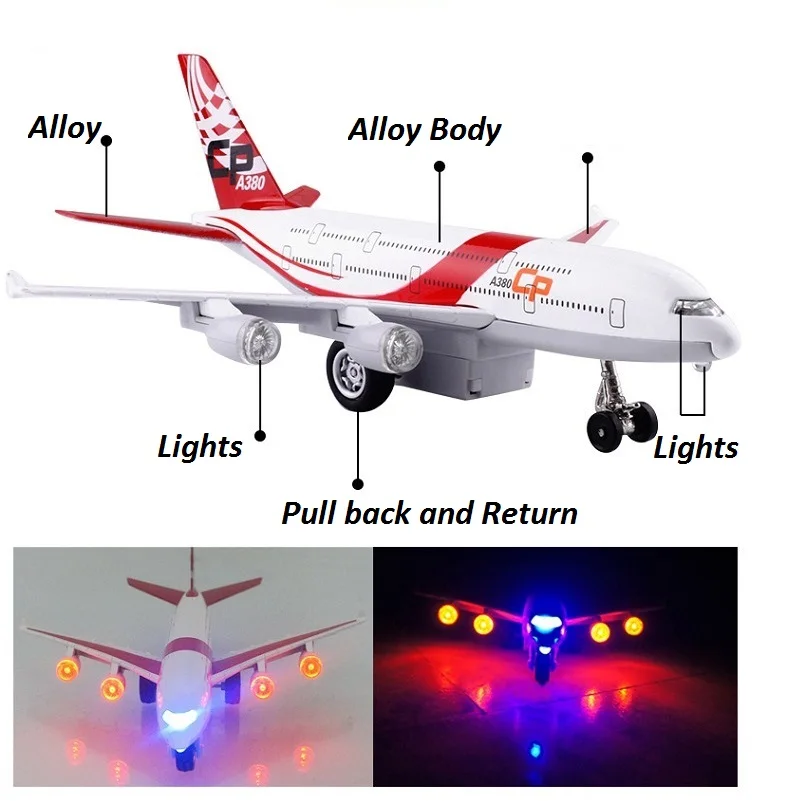 Воздушный самолет из сплава(#51503) L = 20 см, литые под давлением игрушки модель самолета A380 W/светильник и музыка, вытягивающая мощность, квалифицированные игрушки