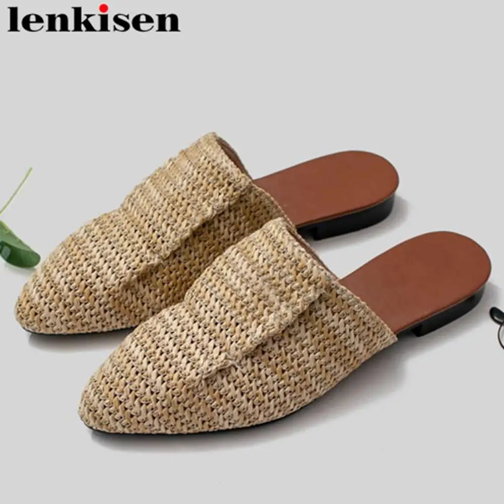 

Lenkisen vintage design breathable pointed toe mules oxford mules European movie stars slip on simple style seaside slippers L92