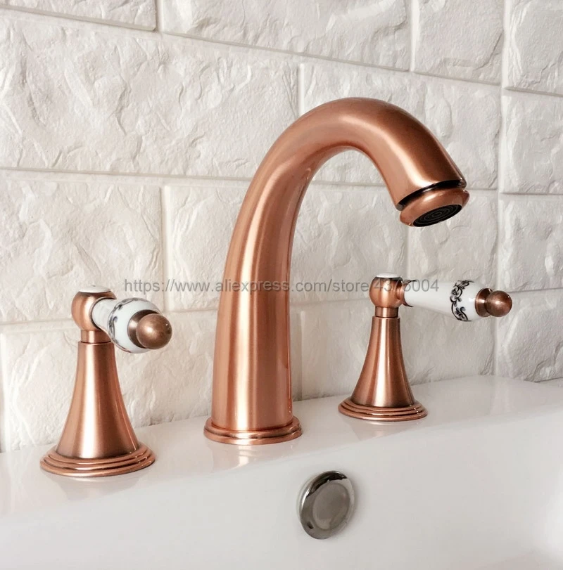 Red Copper Antique Bathroom Sink Faucet Widespread 3pcs Ceramics