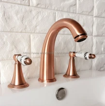 Red Copper Antique Bathroom Sink Faucet Widespread 3pcs Ceramics Handles Basin 3 Holes Mixer Tap Nrg037 bathroom sink faucet double handles widespread 3pcs bathroom basin mixer tap oil rubbed bronze