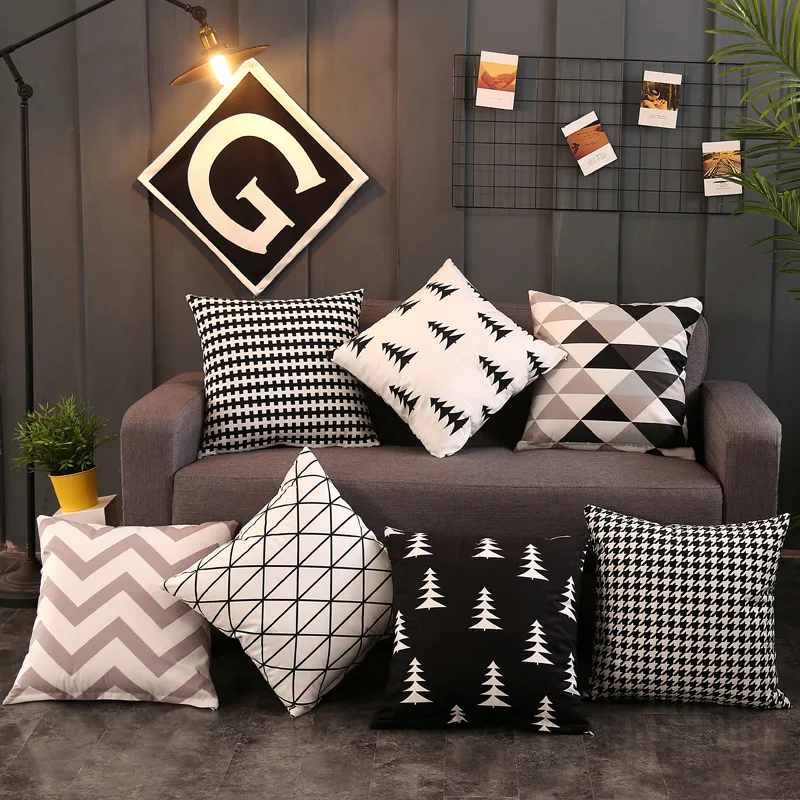 

Geometric Cushion With Filling Black and White Polyester Throw Pillow Core Letters Trees Wave pattern Cushion Core