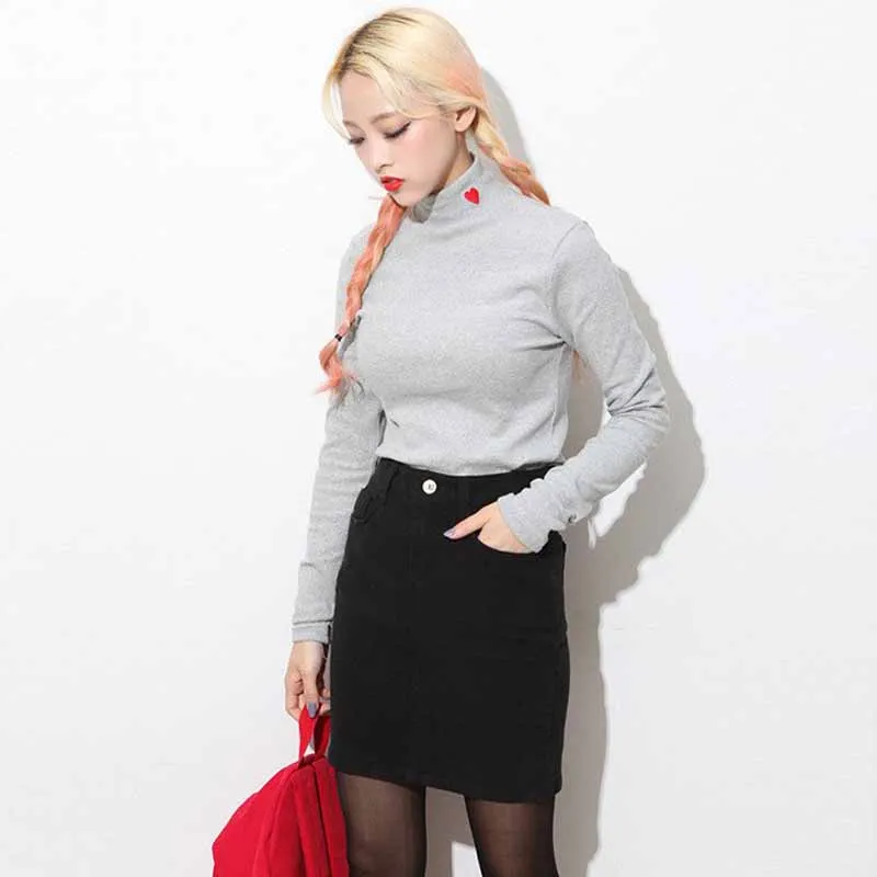 

2018 New Women Japan Style Tops Turtleneck Love Embroidery Cute Stripes T-shirts Long Sleeve Harajuku T-shirts Female #5184