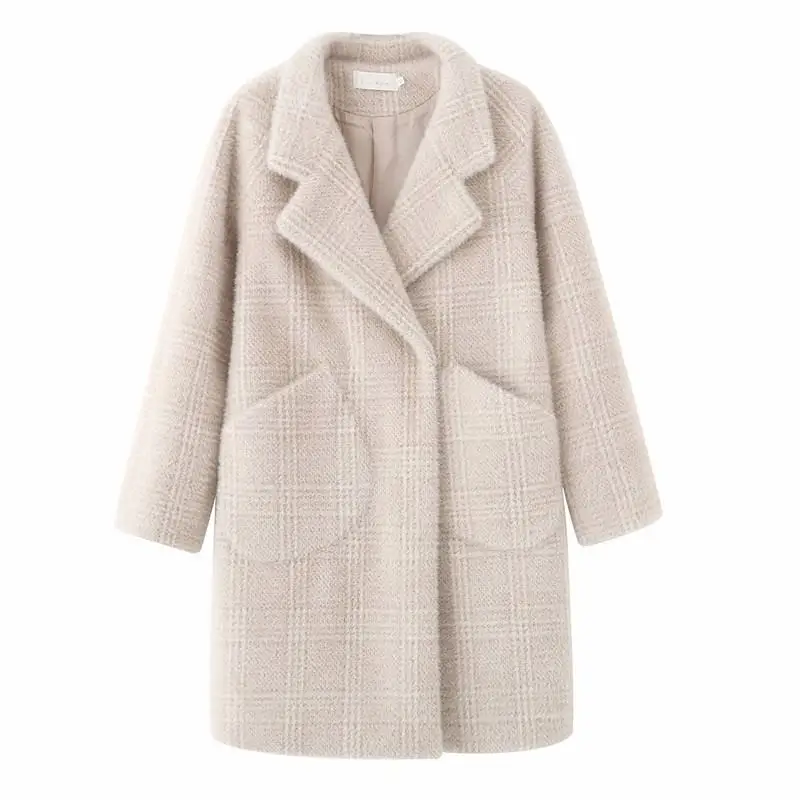 

2019 Autumn Winter New Women Turn-down Collar Faux Mink Plaid Woolen Coat Femme Casual Loose Hiver Wool Overcoat Abrigos K145