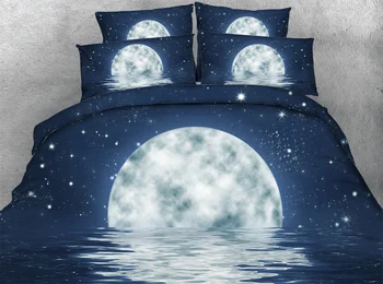 

JF-037 dark blue fabric with moon water printed duvet cover set queen size bed sheets california king bedding sets 3d bedlinen