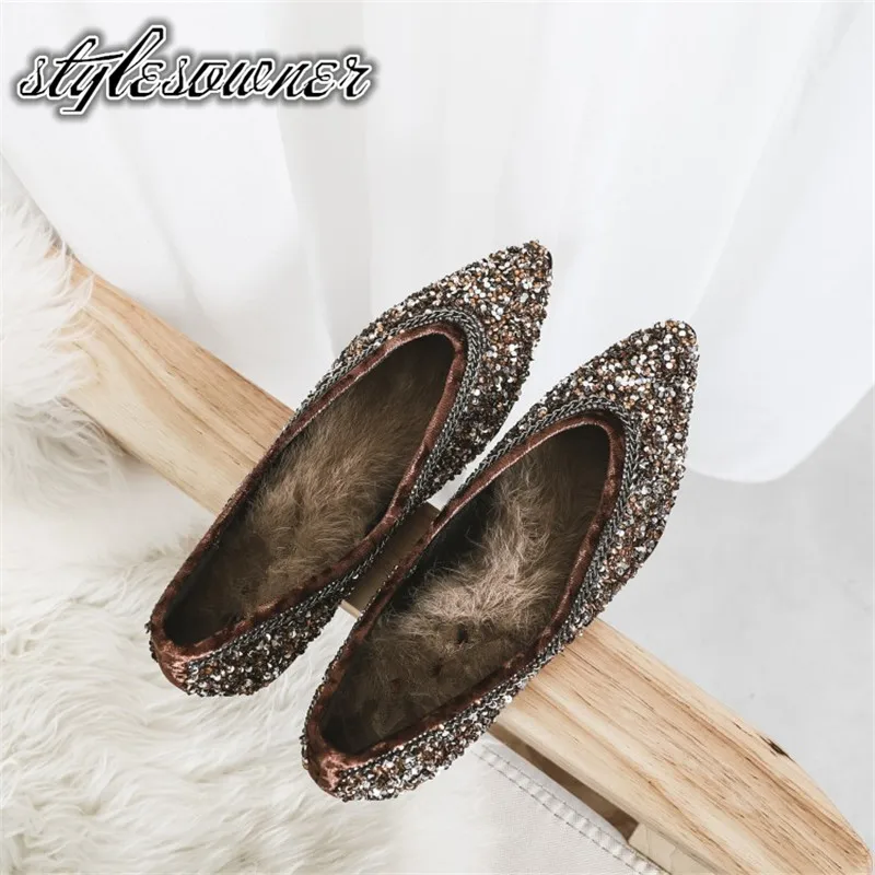 

Stylesowner 2018 Elegant New Style Pointed Toe Bling Single Shoes Flat Solid Color with Real Fur Spring Summer Fashion Shoes