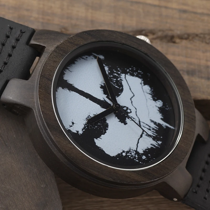 BOBO BIRD Ebony Wooden Watch Ladies with Skeleton Logo Luxury Quartz Watches with Genuine Leather Band for Men as Gift