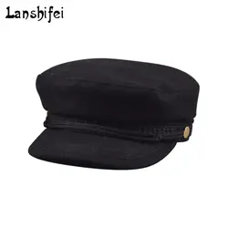 2018 Fashion Woolen Black Gray Visor Military Hat Autumn and Winter Vintage Patchwork Beret Cap For Women England Style Cap