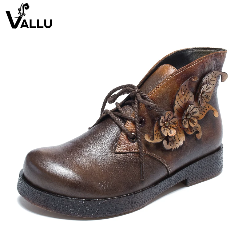 

2018 VALLU Ethnic Style Women Booties Genuine Leather Handmade Flower Round Toes Lace Up Lady Cowhide Shoes Ankle Boots