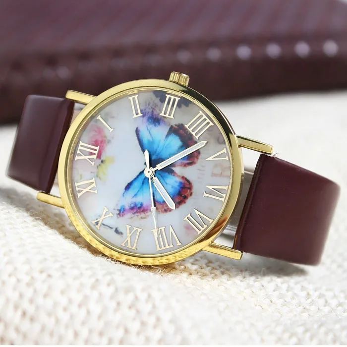 Resuli Женская мода бабочка стиль кожаный ремешок аналоговые кварцевые наручные часы модные часы коробка новое поступление