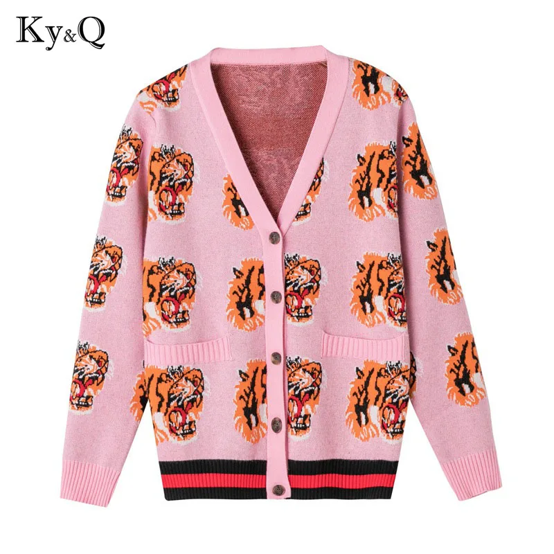 

2019 Winter Tiger Print Sweaters Cardigans Women Runway Long Sleeeve Striped Female Lady Vintage Party Jumper Knitted Clothing