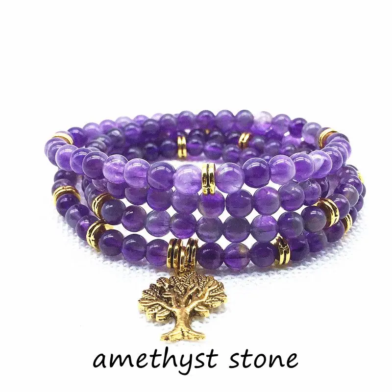 

Wholesale Natural Stone Bead Bracelets Elastic Amethysts Stone Bangle Mala Wrap Bracelet Jewelry Tree Charm Gold Color