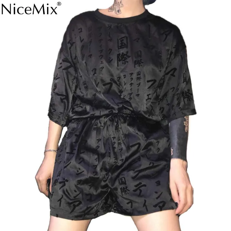 

NiceMix Women New Fashion Print Black T Shirt Shorts Sets Elastic Waist 2 Two Pieces Sets Suit Summer Harajuku Female