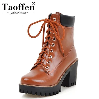 

TAOFFEN Size 33-43 Women Thick Fur Boots Half Short High Heel Boots Lace Up Winter Boots Women Mid Calf Botas Women Footwears
