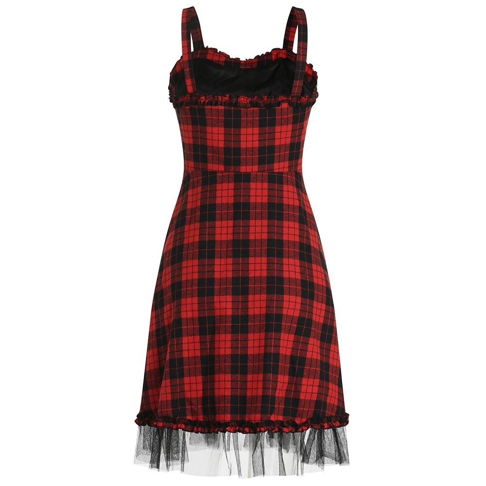 

20180Women O Neck Red Tartan Checks Plaid Dress Retro Vintage 50s 60s Pin Up Rockabilly Swing Dresses
