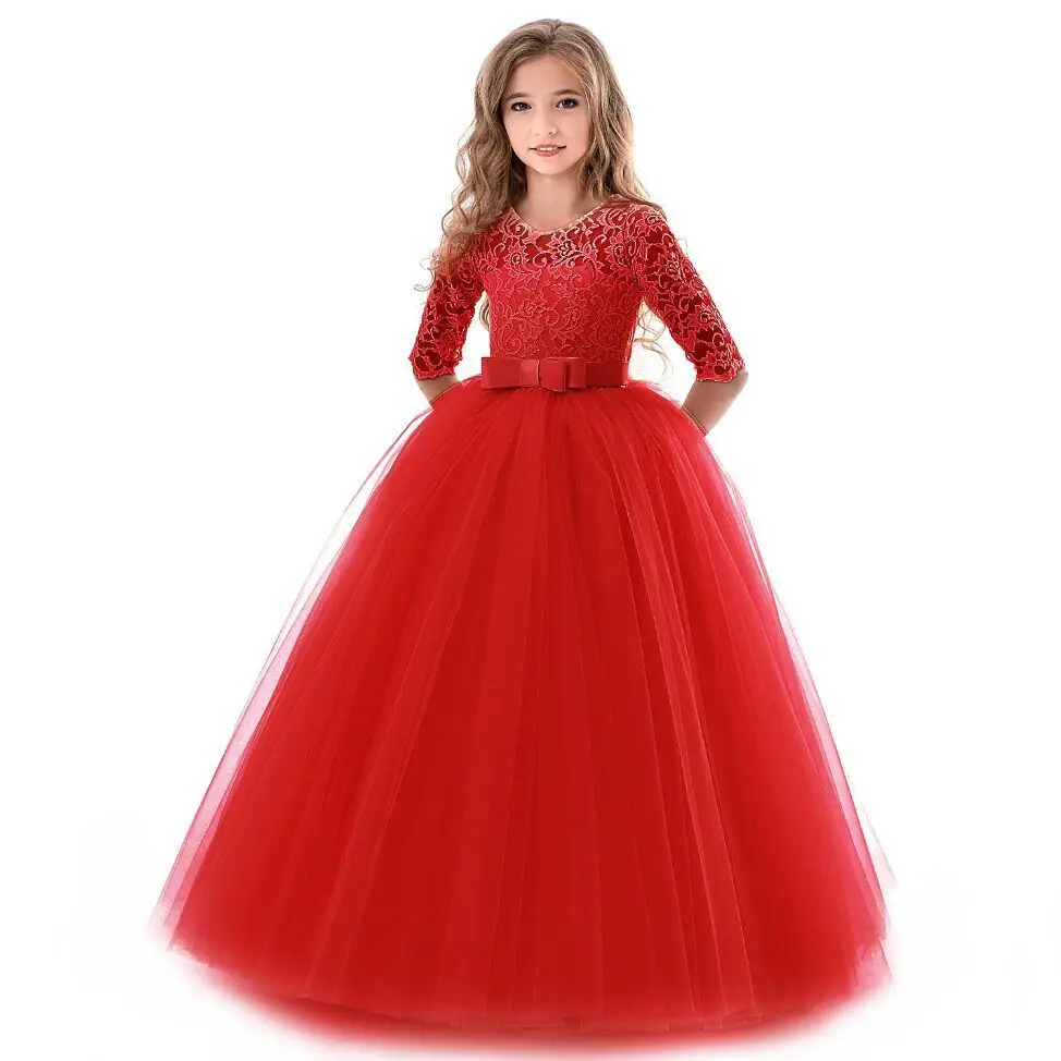 

JAYLAY New Teenage Girl Princess Lace Solid Dress Kids Flower Embroidery Dresses For Girls Children Prom Party Wear Red Ball Gown