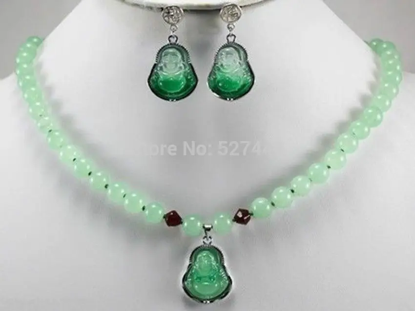 

Hot selling@> Wholesale JWEW6559 New Jewelry 8mm Light green jade Carved luck Buddha pendant necklace earrings Natural jewel -Br