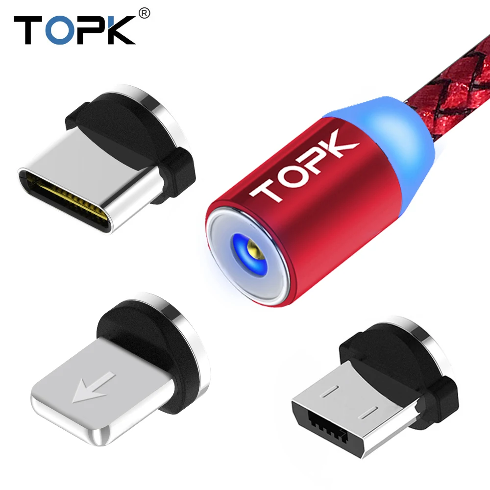 TOPK R-Line светодиодный магнитный кабель Micro USB и usb type-C, Магнитный зарядный кабель для iPhone X 8 7 6 Plus, USB C, кабели для телефонов, красный цвет