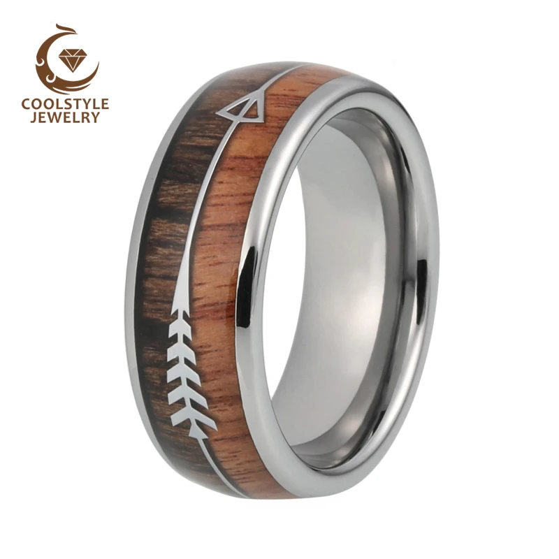 Billige 8mm Herren Hartmetall Ringe Womens Hochzeit Bands Koa Holz Pfeil Inlay Gewölbtem Poliert Glänzenden Comfort Fit