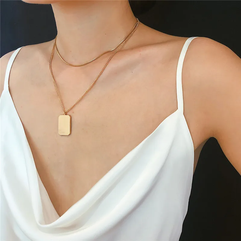 

AE-CANFLY Punk European Style Simple Double-layered Square Pendant Women Clavicle Necklace Jewelry