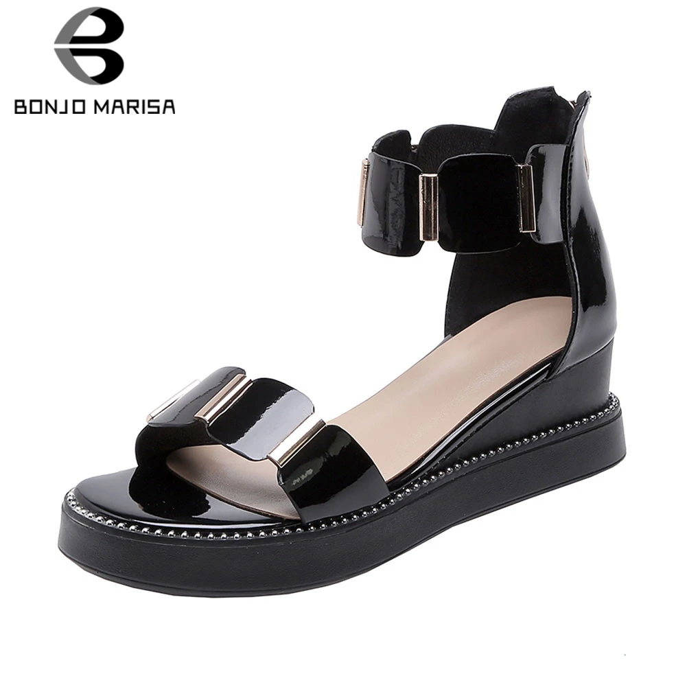 

BONJOMARISA New Fashion women's Patent Genuine Leather Wedges Ladies High Heels Shoes Woman Casual Party Office Summer Sandals