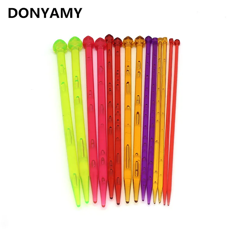 14pcs Single Point Straight Knitting Needle Plastic Knitted Needlework Acrylic Crystal Needles