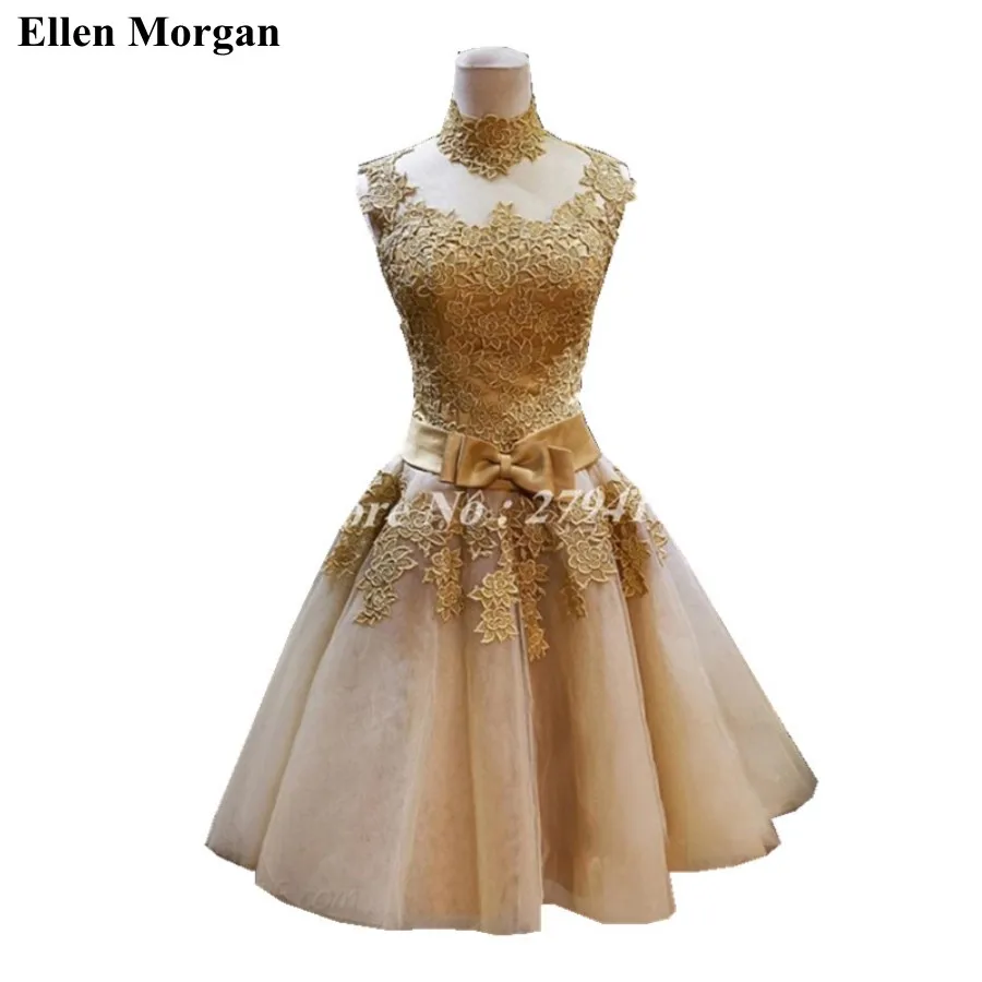 Gold High Neck Cocktail Dresses For Party 2017 Knee Length Summer A