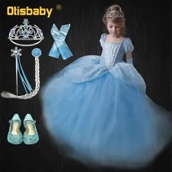 Для девочек Синий бальное платье новый фильм принцессы Маскарадный костюм Золушки Fairy Tail детская Свадебная вечеринка элегантное платье