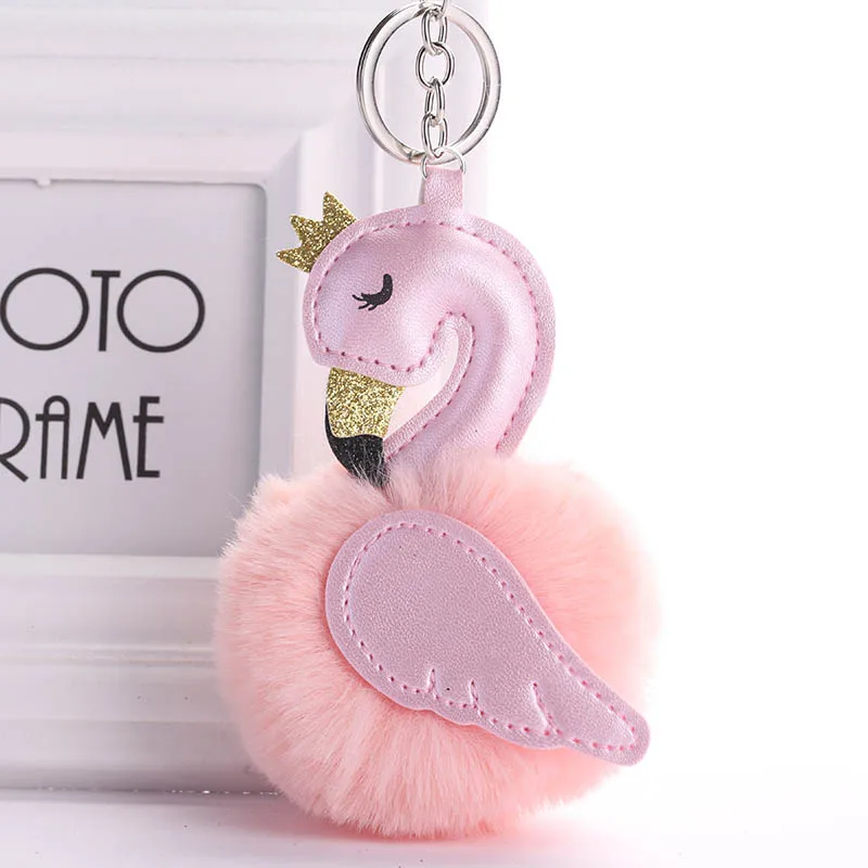 Faux Fur Keyring Grey And Silver Glitter Flamingo Pom Pom Keyring Accessories
