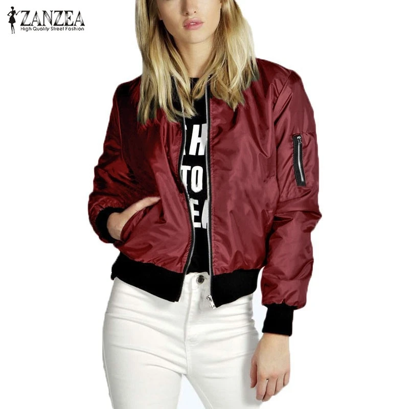 

ZANZEA 2019 Spring Autumn Women Thin Jacket Tops Celeb Bomber Long Sleeve Coat Casual Stand Collar Slim Fit Outerwear Plus Size