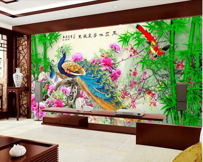 

3d room wallpaper custom mural non-woven wall sticker peacock bamboo flowers and birds painting photo wall wallpaper